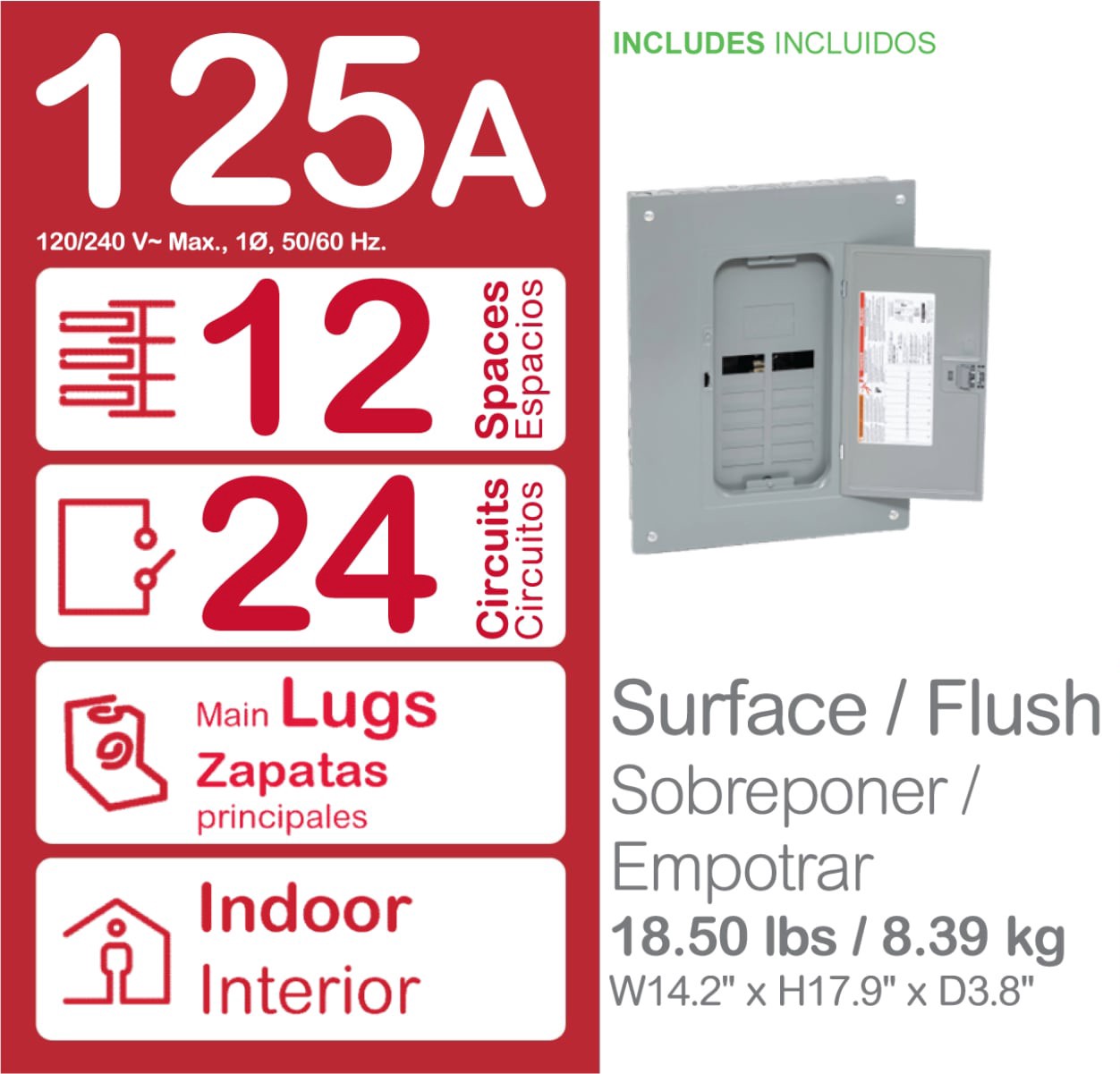 slide 5 of 5, Square D Homeline 125 -Amp 12 -Spaces 24 -Circuit Indoor Convertible main lug Plug-On Neutral Load Center (Value Pack), 1 ct