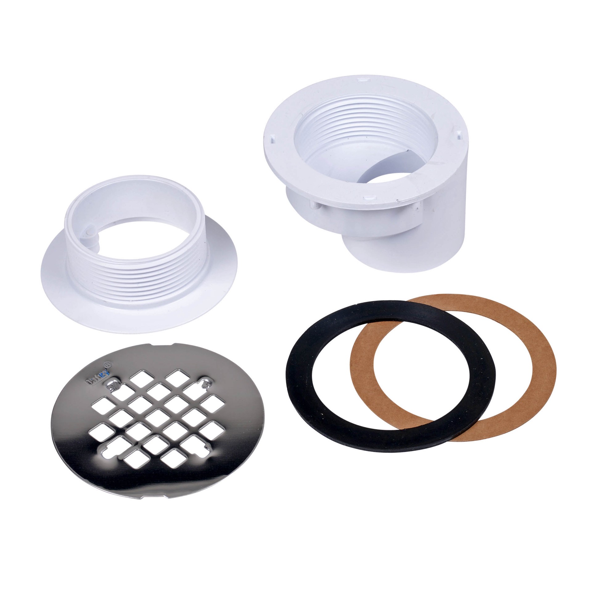 slide 3 of 6, Oatey 2-in PVC Offset Shower Drain with Round Stainless Steel Strainer, 1 ct
