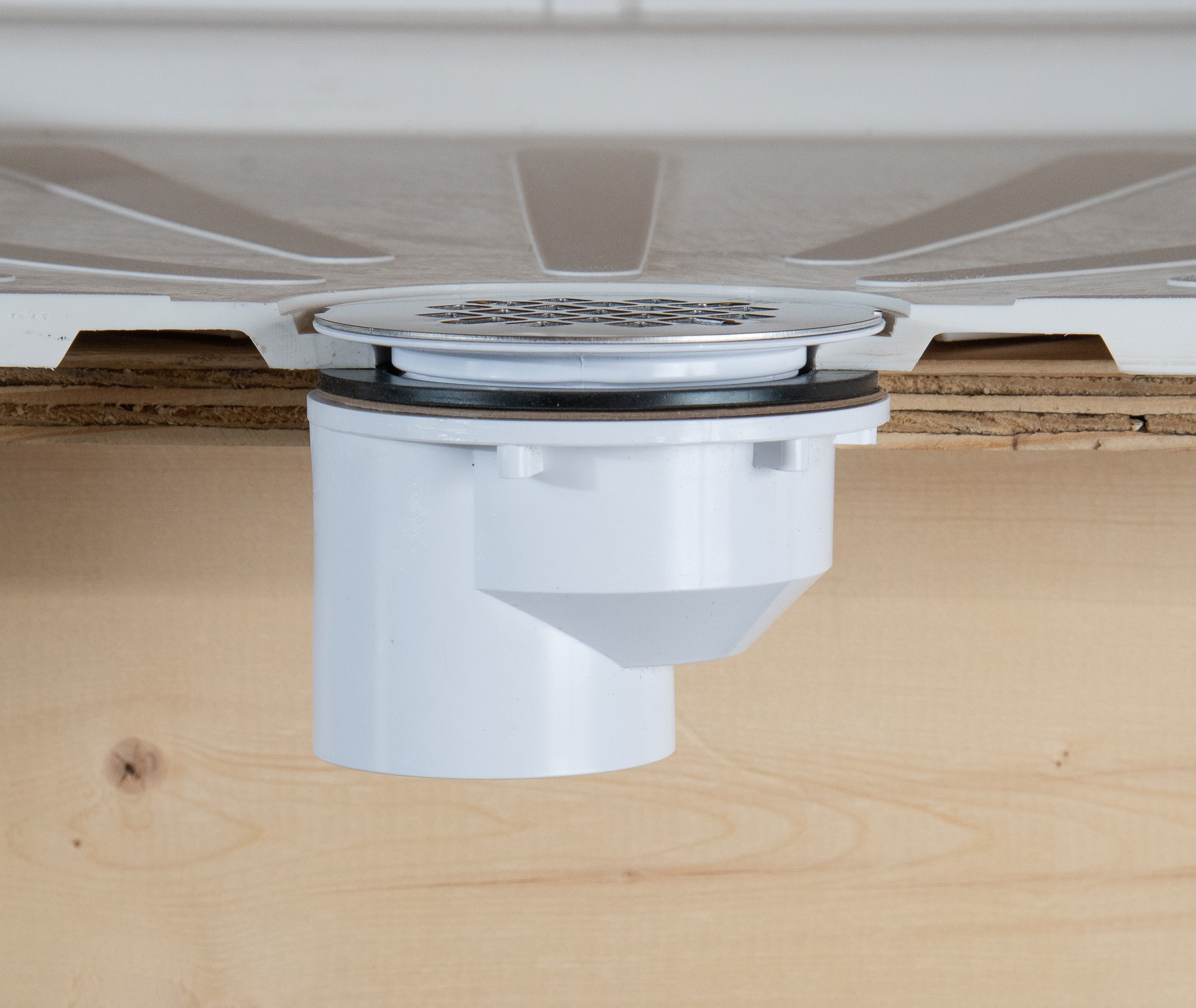 slide 6 of 6, Oatey 2-in PVC Offset Shower Drain with Round Stainless Steel Strainer, 1 ct