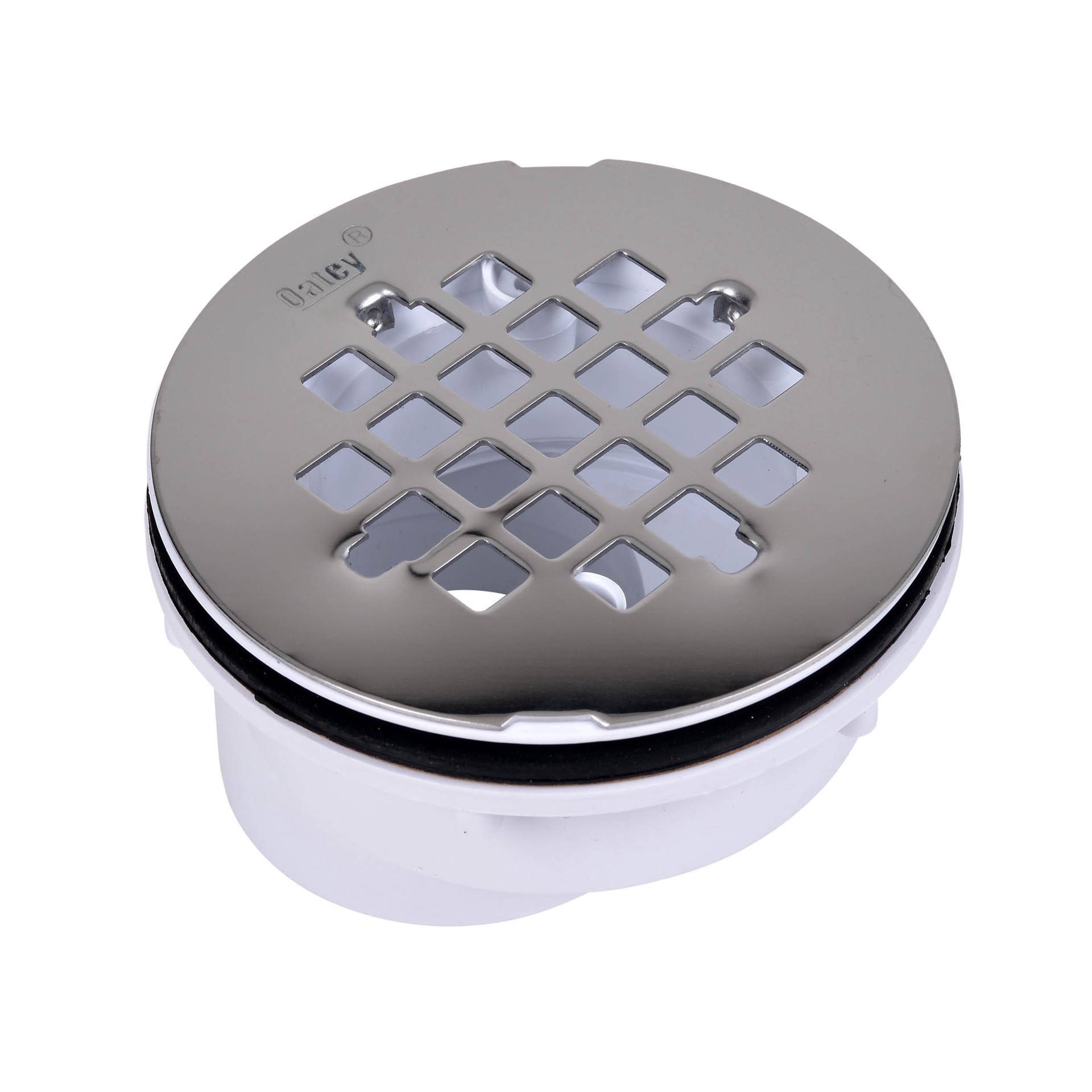 slide 1 of 6, Oatey 2-in PVC Offset Shower Drain with Round Stainless Steel Strainer, 1 ct