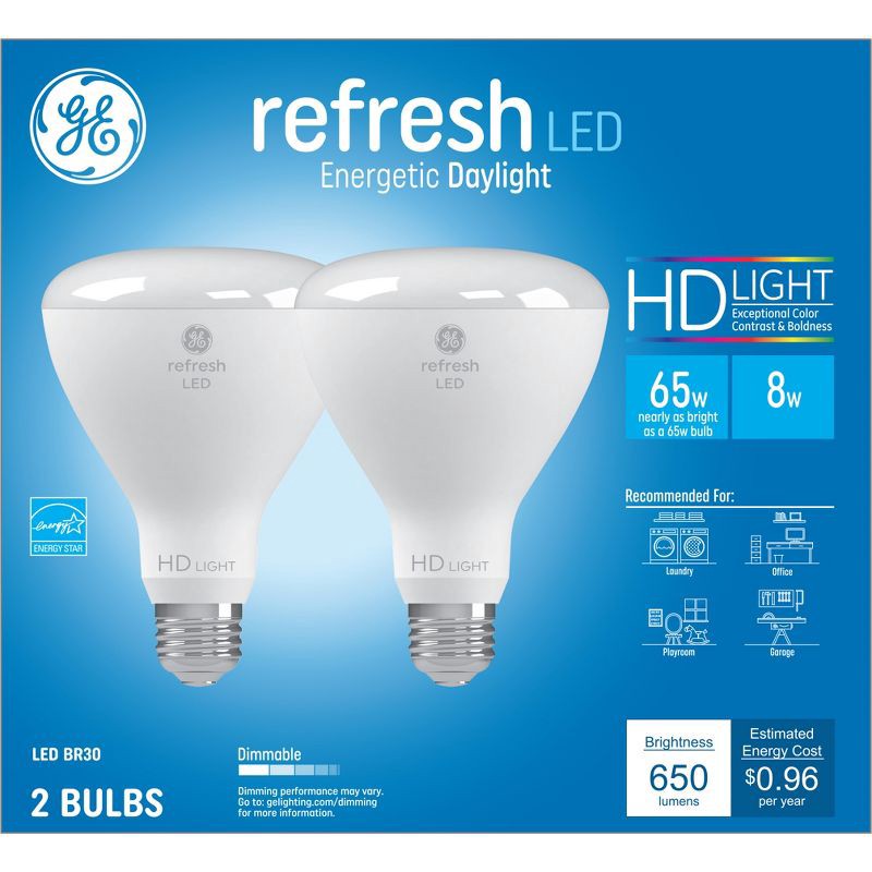 slide 1 of 8, GE Household Lighting GE 2pk 65W Refresh BR30 LED Indoor Floodlight Bulbs Daylight: Dimmable, 5000K, 650 Lumens, Energy Star Certified, 2 ct