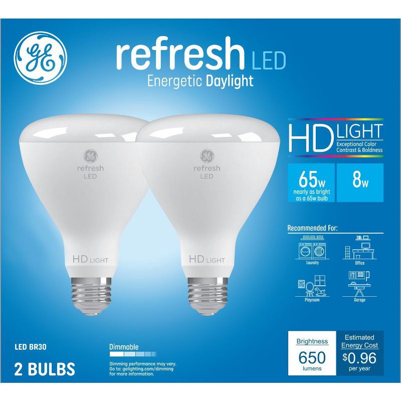 slide 1 of 8, GE Household Lighting GE 2pk 65W Refresh BR30 LED Indoor Floodlight Bulbs Daylight: Dimmable, 5000K, 650 Lumens, Energy Star Certified, 2 ct