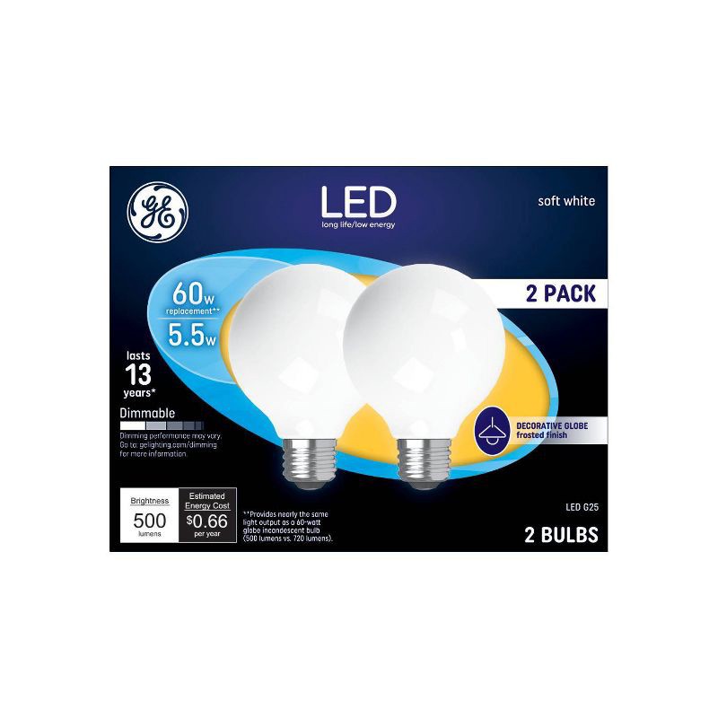 slide 1 of 8, GE Household Lighting GE 2pk 60W G25 LED Globe Light Bulbs Soft White, 2 ct