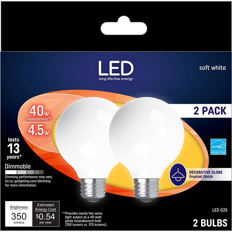 slide 1 of 3, GE Household Lighting GE 2pk 40W G25 LED Globe Light Bulbs Soft White: Dimmable Vanity & Bathroom Round Lightbulbs, Energy Star Certified, 2 ct