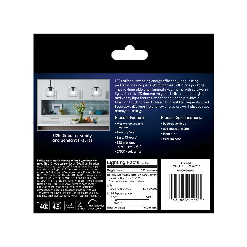 slide 3 of 3, GE Household Lighting GE 2pk 40W G25 LED Globe Light Bulbs Soft White: Dimmable Vanity & Bathroom Round Lightbulbs, Energy Star Certified, 2 ct