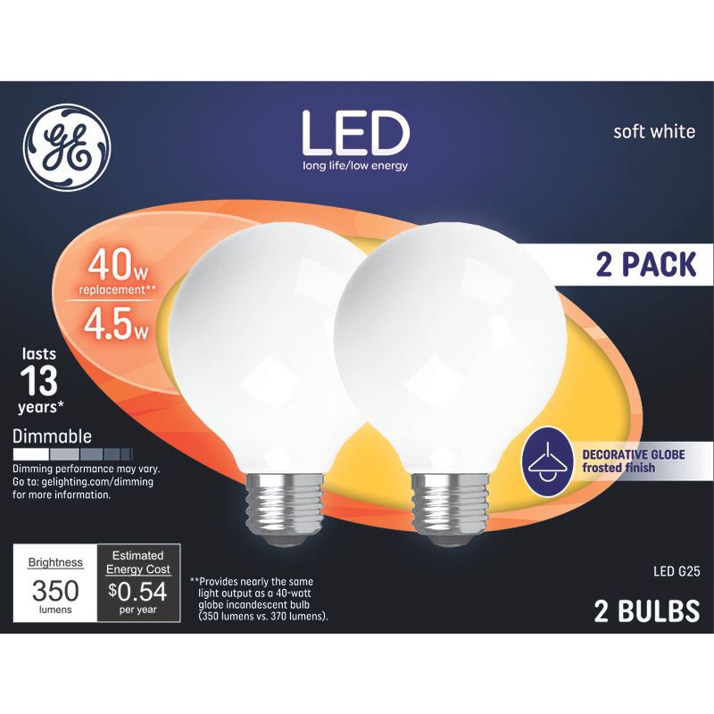 slide 1 of 2, GE Household Lighting GE 2pk 40W G25 LED Globe Light Bulbs Soft White: Dimmable Vanity & Bathroom Round Lightbulbs, Energy Star Certified, 2 ct