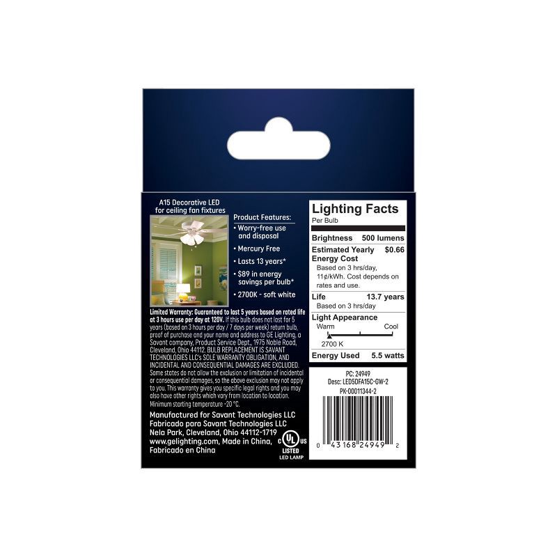 slide 3 of 3, GE Household Lighting GE 2pk 60W A15 LED Ceiling Fan Frosted Light Bulbs, 2 ct