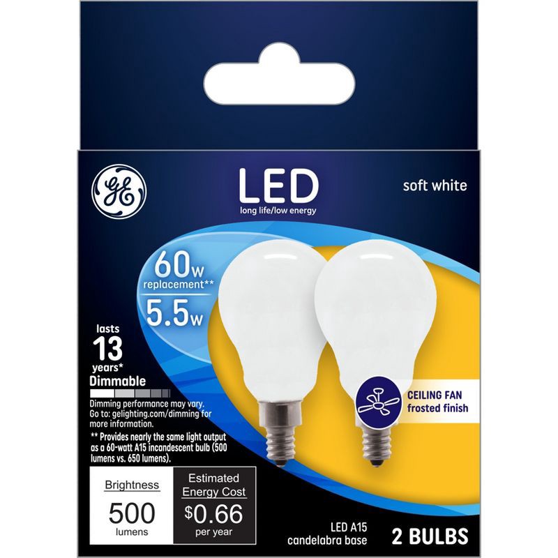 slide 1 of 3, GE Household Lighting GE 2pk 60W A15 LED Ceiling Fan Frosted Light Bulbs, 2 ct