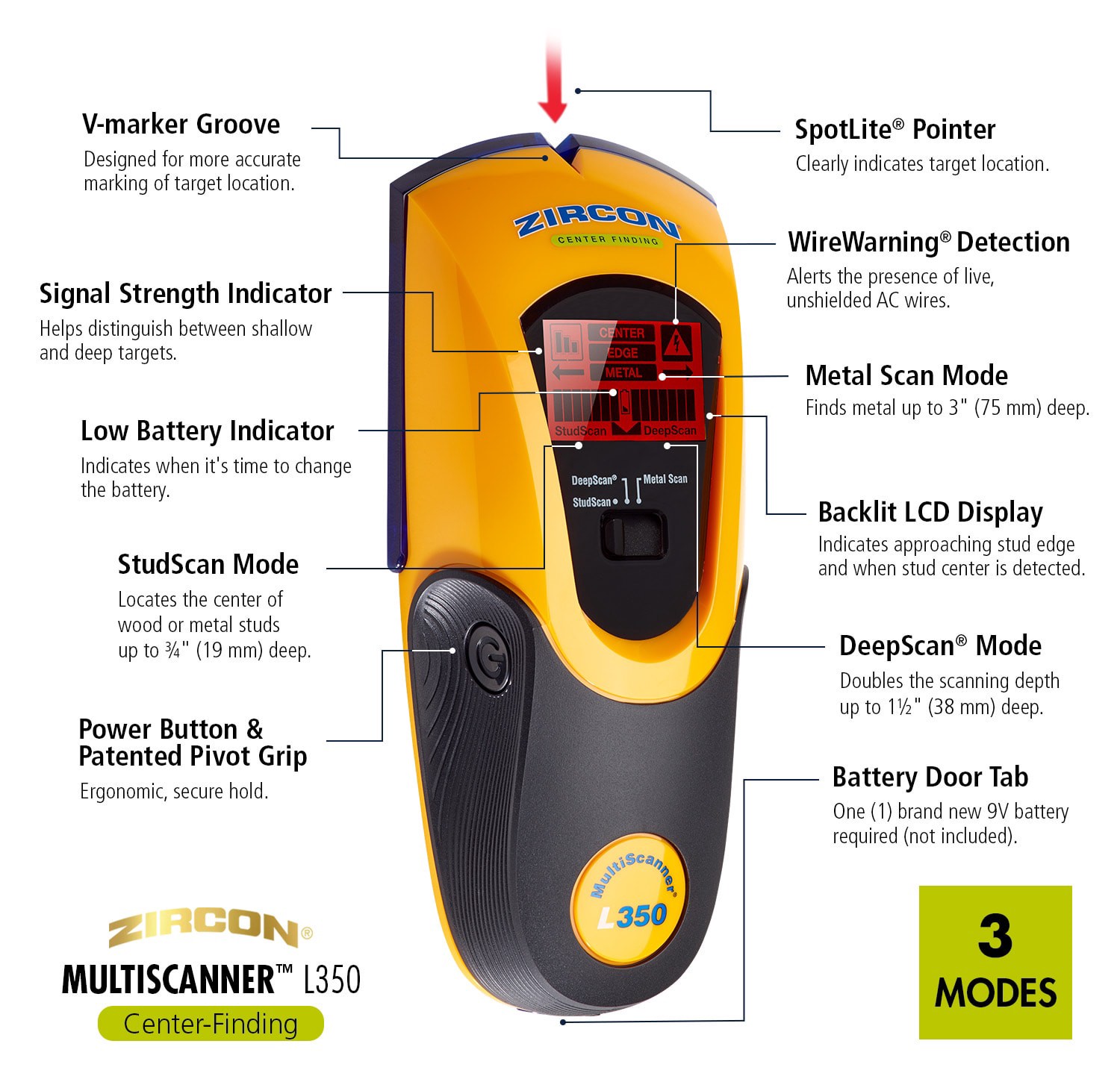 slide 2 of 6, Zircon 1.5-in Scan Depth Metal and wood stud Finder, 1 ct