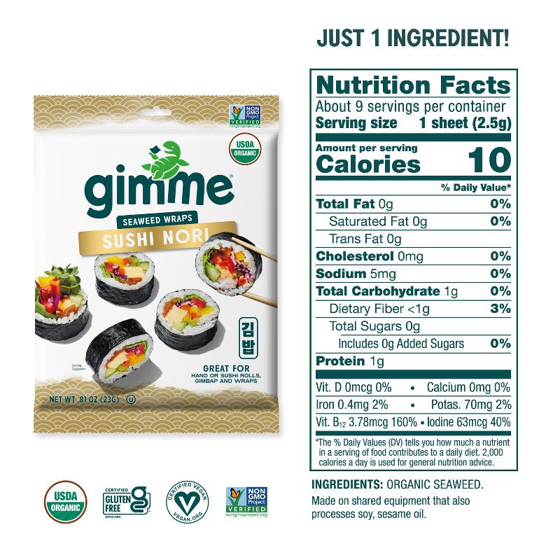 slide 5 of 8, Gimme Organic Roasted Seaweed Sushi Nori Wraps - 0.81oz, 0.81 oz
