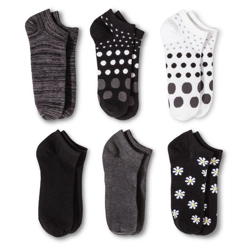 slide 1 of 2, Women's Daisy 6pk Low Cut Socks - Black 4-10: Recycled Polyester Blend, Banded Cuff, Snowflake Pattern, Machine Washable, 6 ct