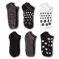 Women's Daisy 6pk Low Cut Socks - Black 4-10: Recycled Polyester Blend, Banded Cuff, Snowflake Pattern, Machine Washable