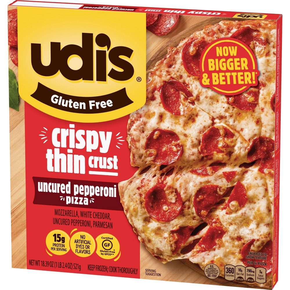 slide 3 of 6, Udi's Gluten Free Crispy Thin Crust Uncured Pepperoni Frozen Pizza - 18.39oz, 18.39 oz