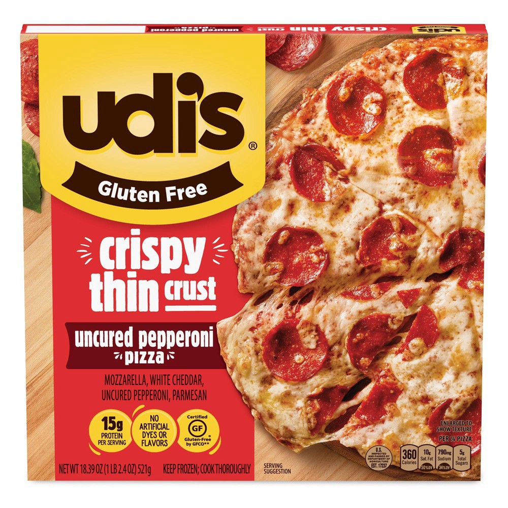slide 2 of 6, Udi's Gluten Free Crispy Thin Crust Uncured Pepperoni Frozen Pizza - 18.39oz, 18.39 oz