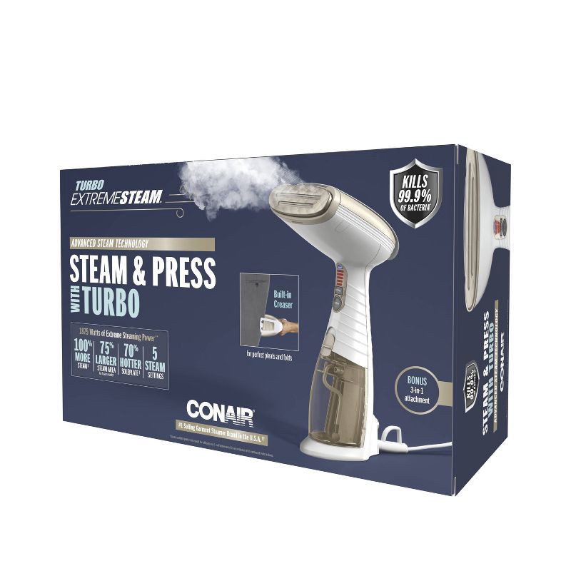 slide 14 of 20, Conair Turbo ExtremeSteam Handheld Garment Steamer: 1875W, 20 Min Steam, 6.6oz Tank, Aluminum Sole Plate, 9ft Cord, 6.6 oz, 9 ft