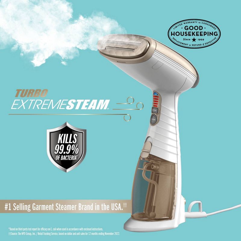 slide 19 of 20, Conair Turbo ExtremeSteam Handheld Garment Steamer: 1875W, 20 Min Steam, 6.6oz Tank, Aluminum Sole Plate, 9ft Cord, 6.6 oz, 9 ft