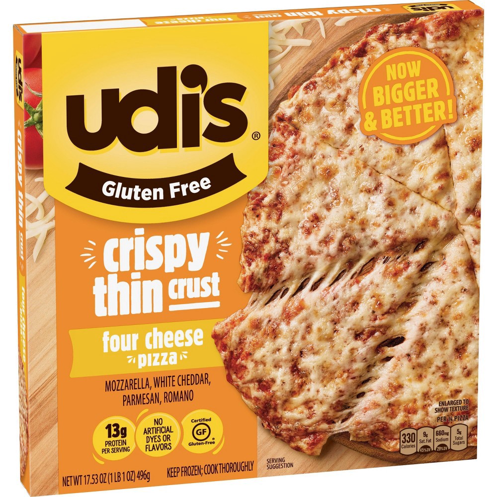 slide 4 of 6, Udi's Gluten Free Crispy Thin Crust Four Cheese Frozen Pizza - 17.53oz, 17.53 oz