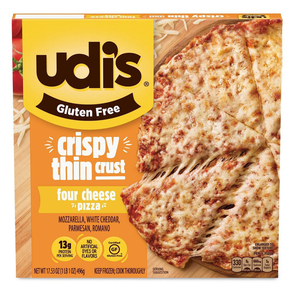 slide 2 of 6, Udi's Gluten Free Crispy Thin Crust Four Cheese Frozen Pizza - 17.53oz, 17.53 oz
