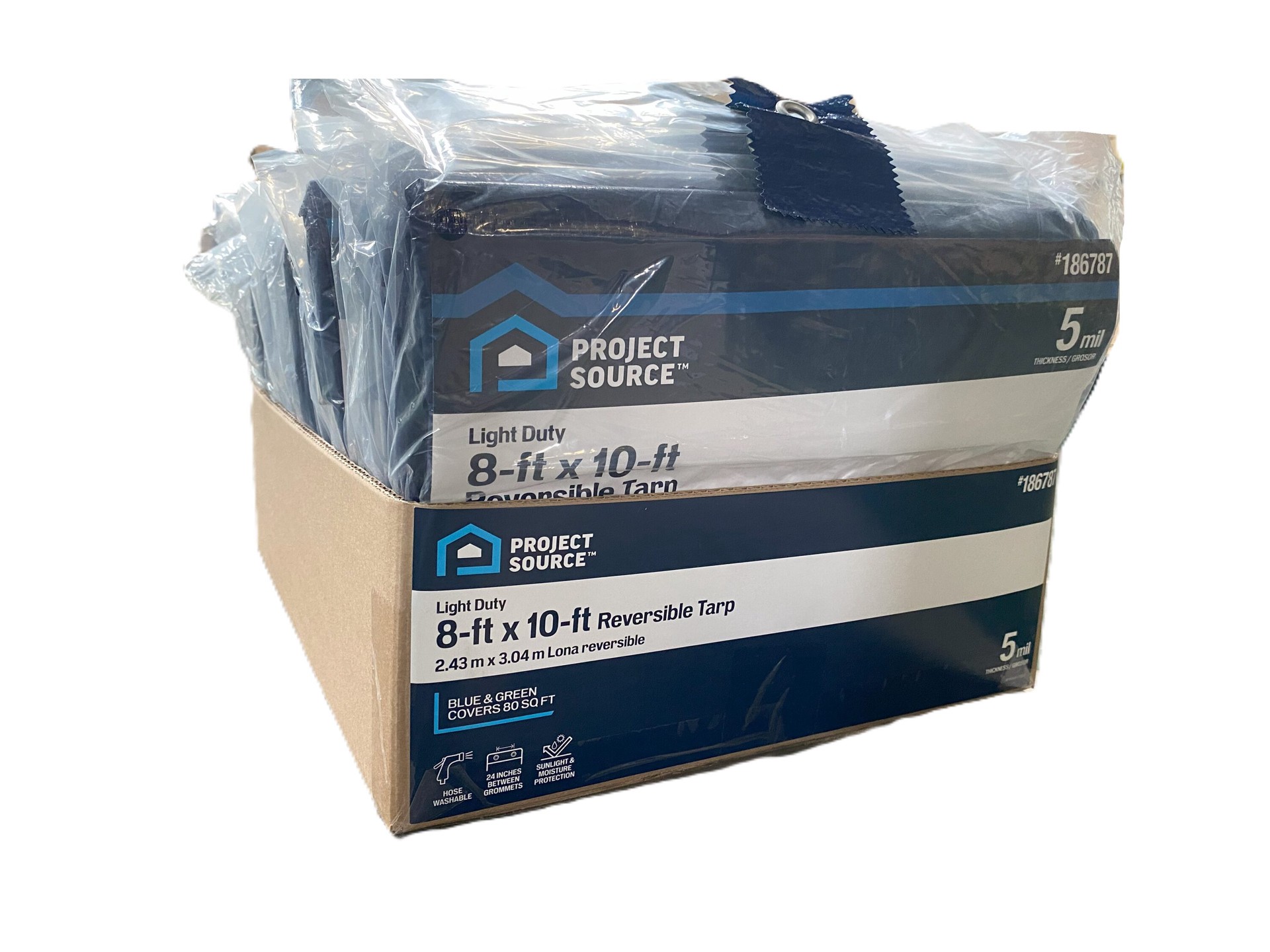 slide 2 of 6, Project Source 8-ft x 10-ft Blue Waterproof Standard Polyethylene 5-mil Tarp, 1 ct