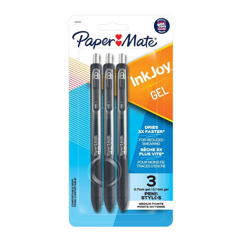 slide 1 of 5, Paper Mate Ink Joy 3pk Gel Pens 0.7mm Medium Tip Black: Retractable Quick Drying Stationery with Pocket Clip, 3 ct