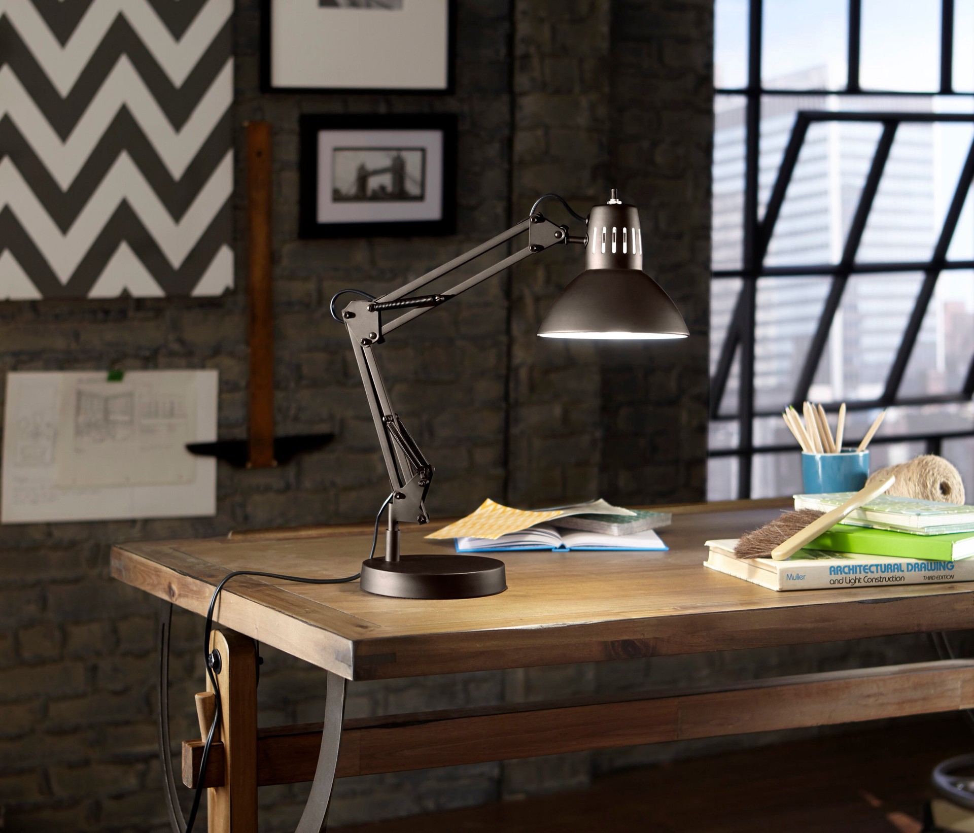 slide 1 of 6, allen + roth Embleton 26-in Adjustable Bronze Standard Desk Lamp with Metal Shade, 1 ct