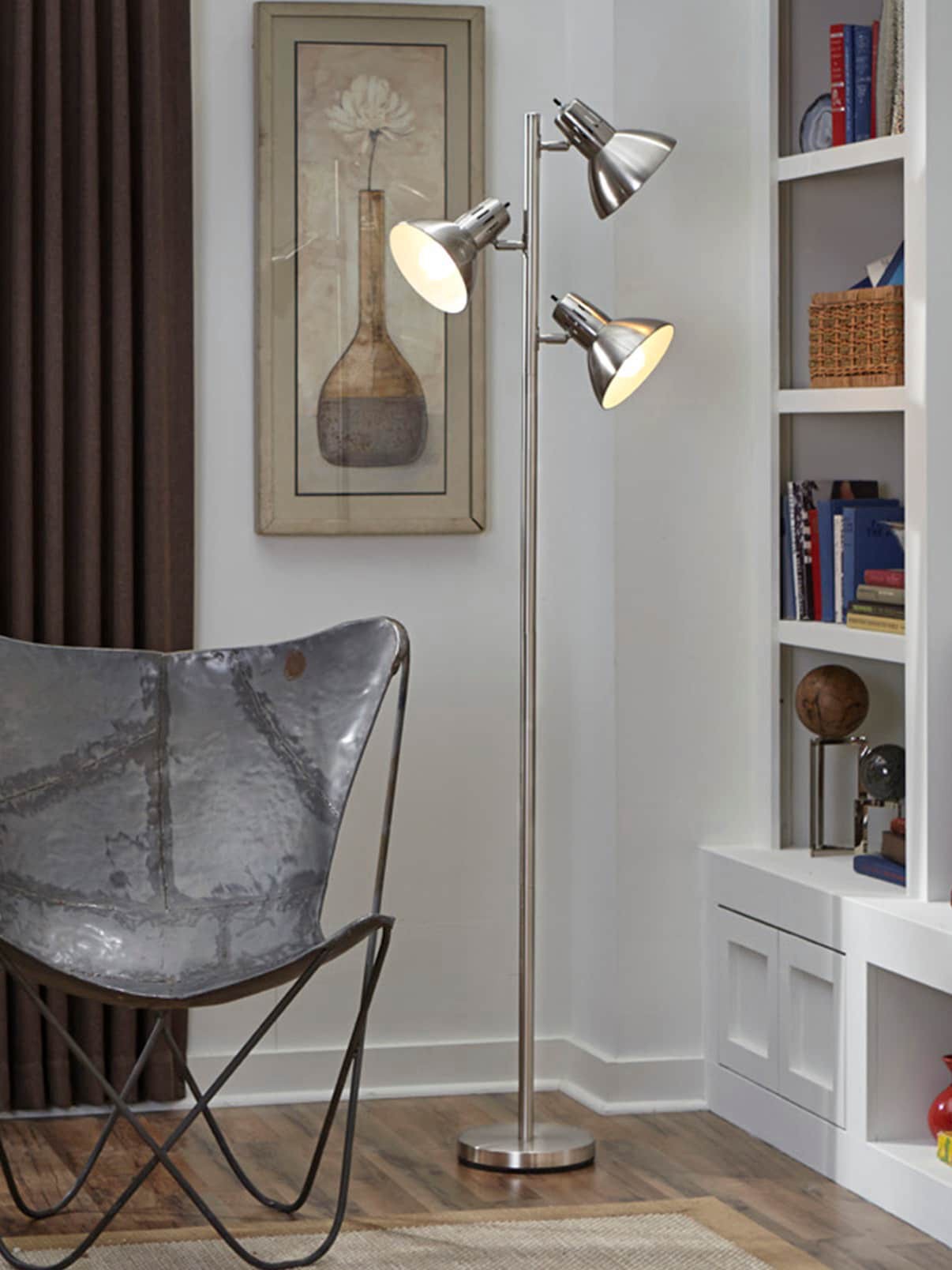 slide 3 of 6, allen + roth Embleton 68-in Brushed nickel Multi-head Floor Lamp with Metal Shade, 1 ct