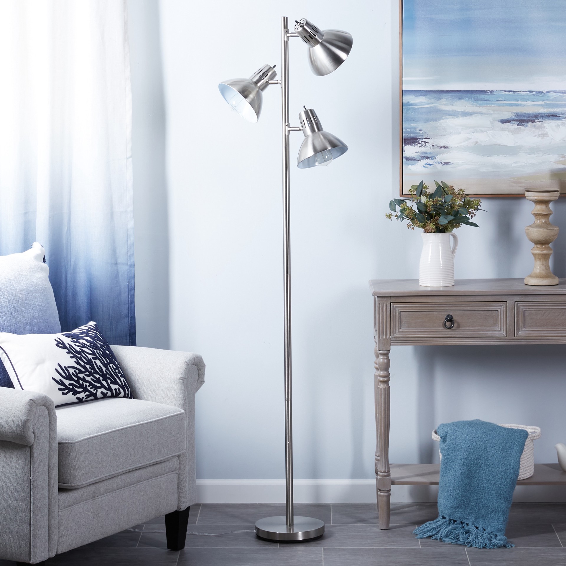 slide 1 of 6, allen + roth Embleton 68-in Brushed nickel Multi-head Floor Lamp with Metal Shade, 1 ct