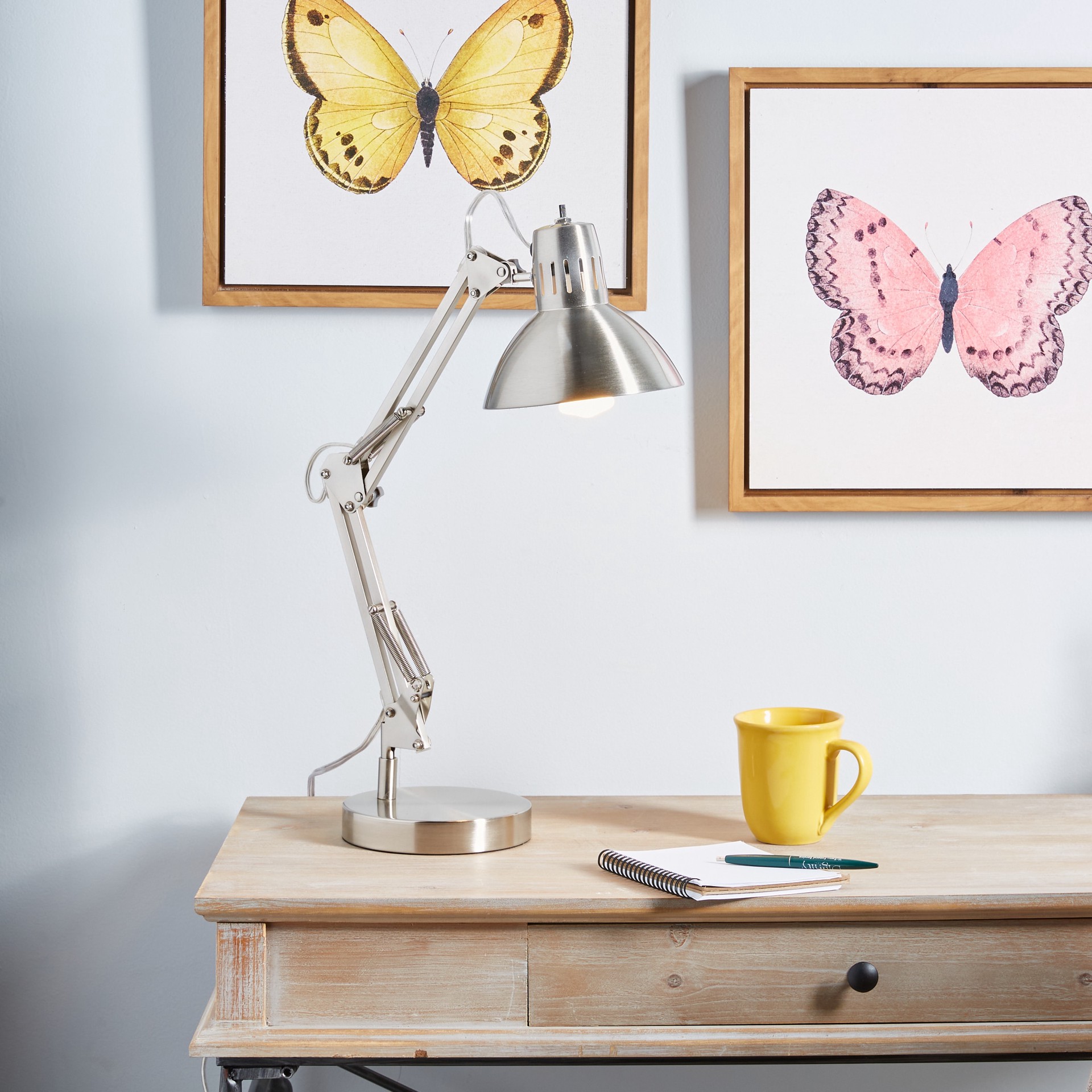 slide 5 of 6, allen + roth Embleton 26-in Adjustable Brushed nickel Standard Desk Lamp with Metal Shade, 1 ct