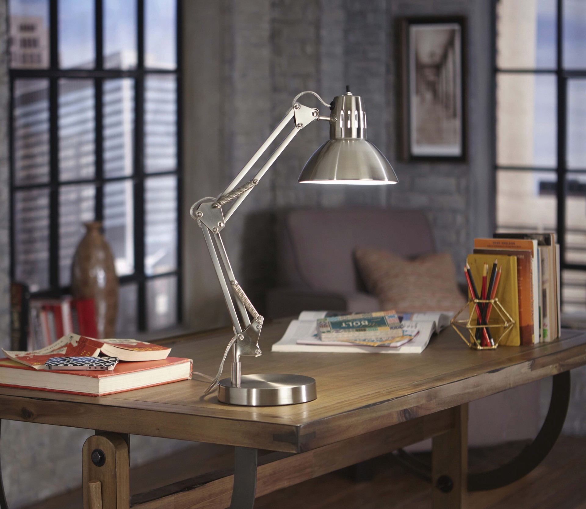 slide 1 of 6, allen + roth Embleton 26-in Adjustable Brushed nickel Standard Desk Lamp with Metal Shade, 1 ct