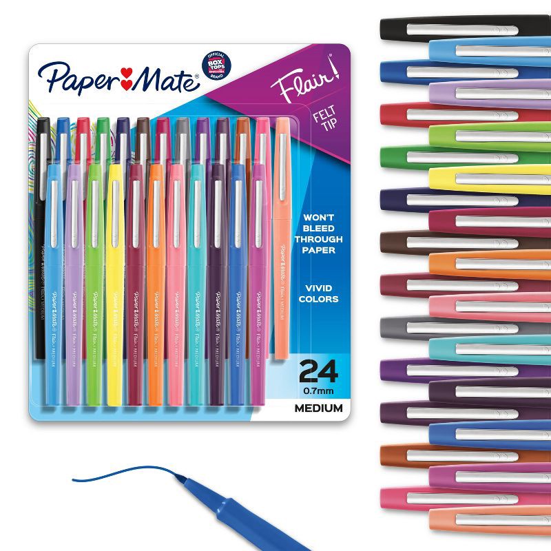 slide 1 of 8, Paper Mate Flair 24pk Felt Pens 0.7mm Medium Tip Multicolored: Art Stationery, Durable Quick Drying, Pocket Clip, 24 ct