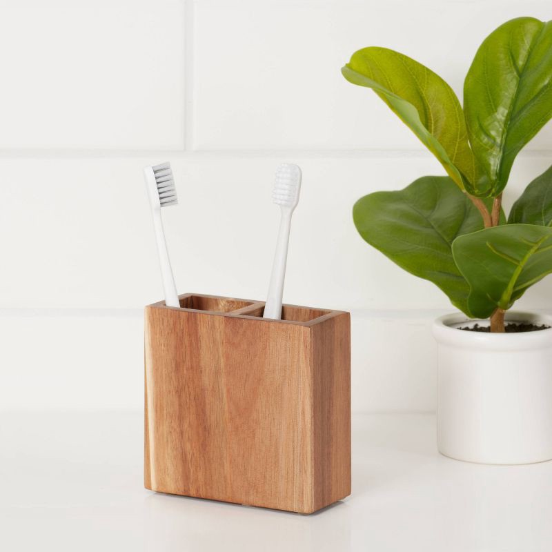 slide 2 of 4, Toothbrush Holder Medium Acacia Natural - Threshold™: Elegant Bathroom Accessory, Solid Wood Design, 4.5" Width, 1 ct