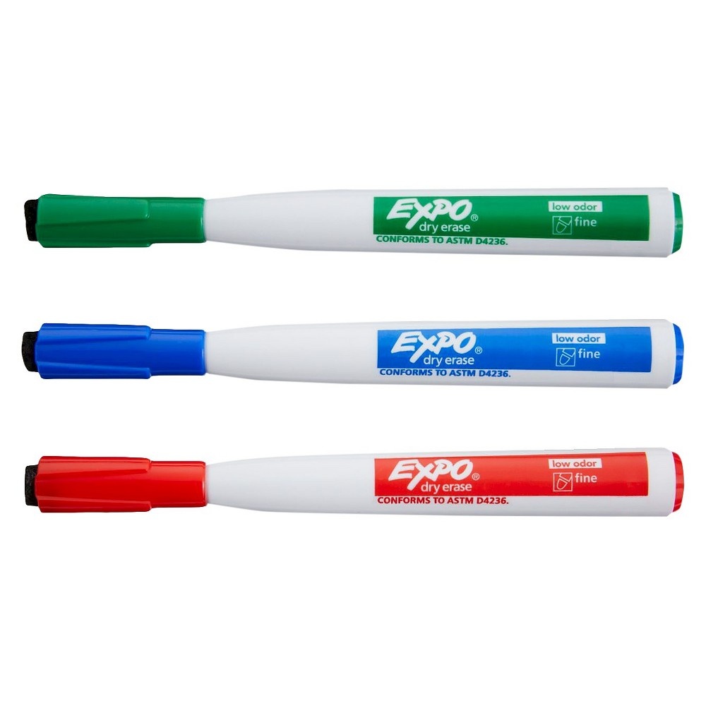 slide 2 of 5, Expo Dry Erase Markers Magnetic & Eraser Fine Tip Multicolored, 3 ct