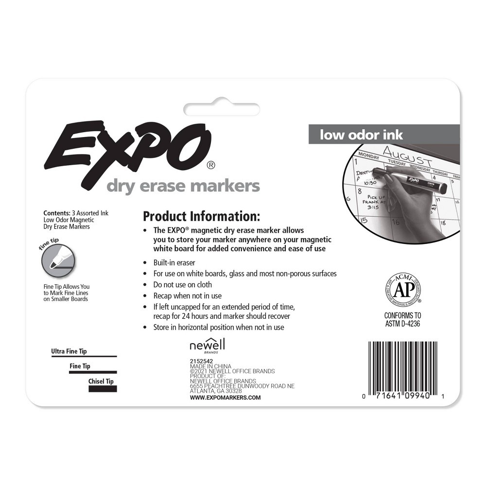 slide 5 of 5, Expo Dry Erase Markers Magnetic & Eraser Fine Tip Multicolored, 3 ct