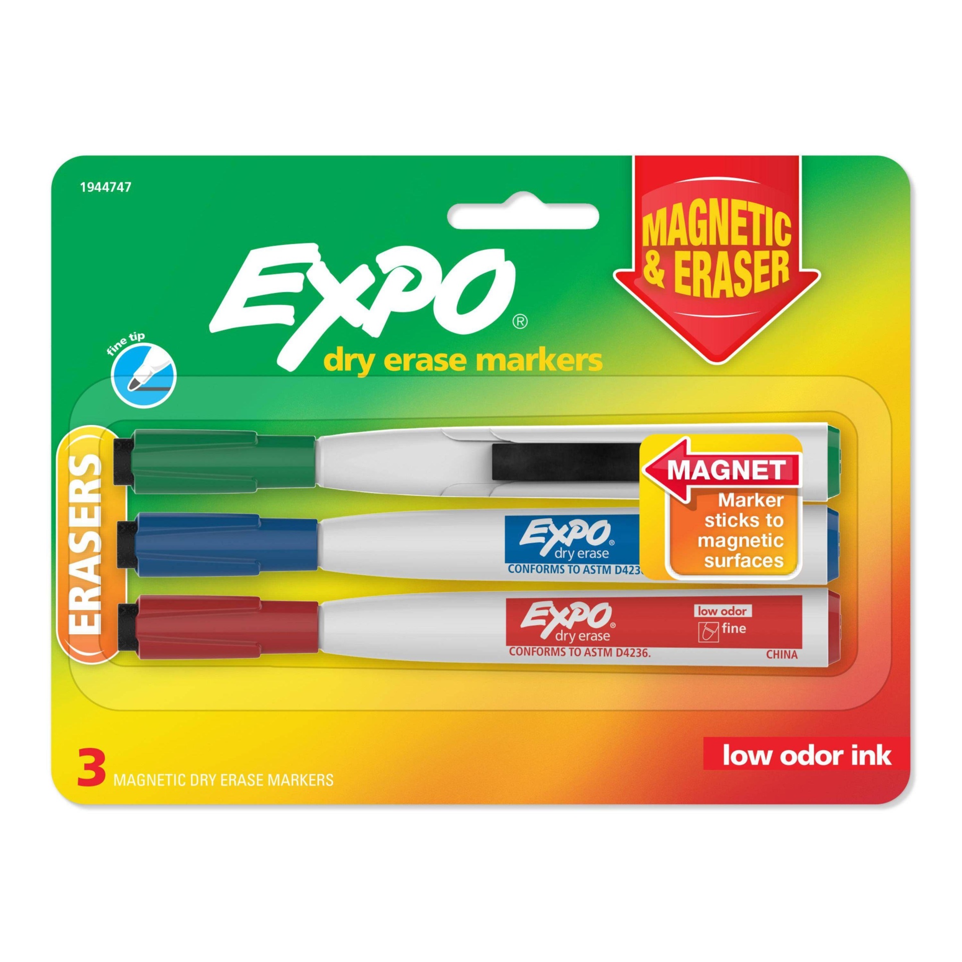 slide 1 of 5, Expo Dry Erase Markers Magnetic & Eraser Fine Tip Multicolored, 3 ct