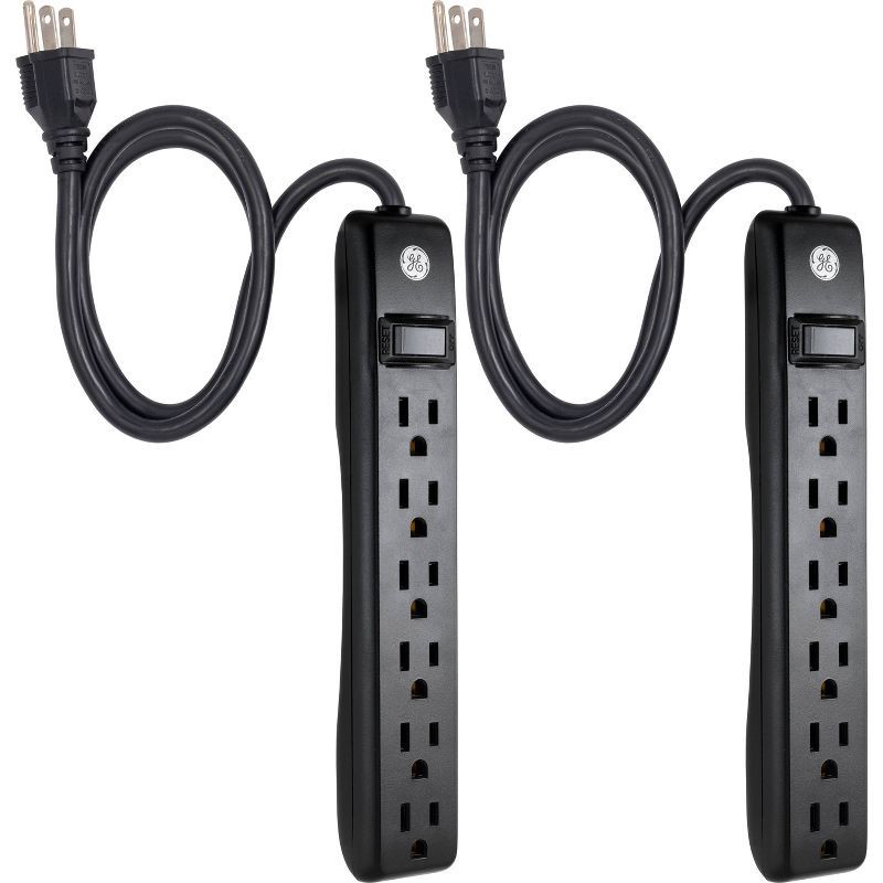 slide 2 of 8, General Electric GE 2pk 3' Extension Cord with 6 Outlet Surge Protector Black, 2 ct