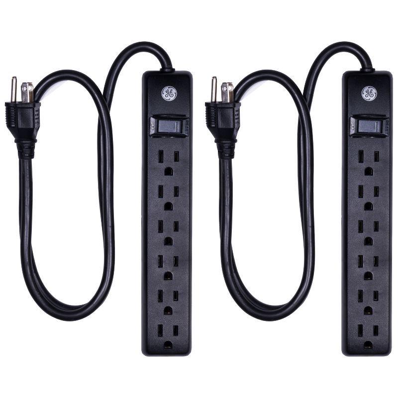 slide 1 of 8, General Electric GE 2pk 3' Extension Cord with 6 Outlet Surge Protector Black, 2 ct