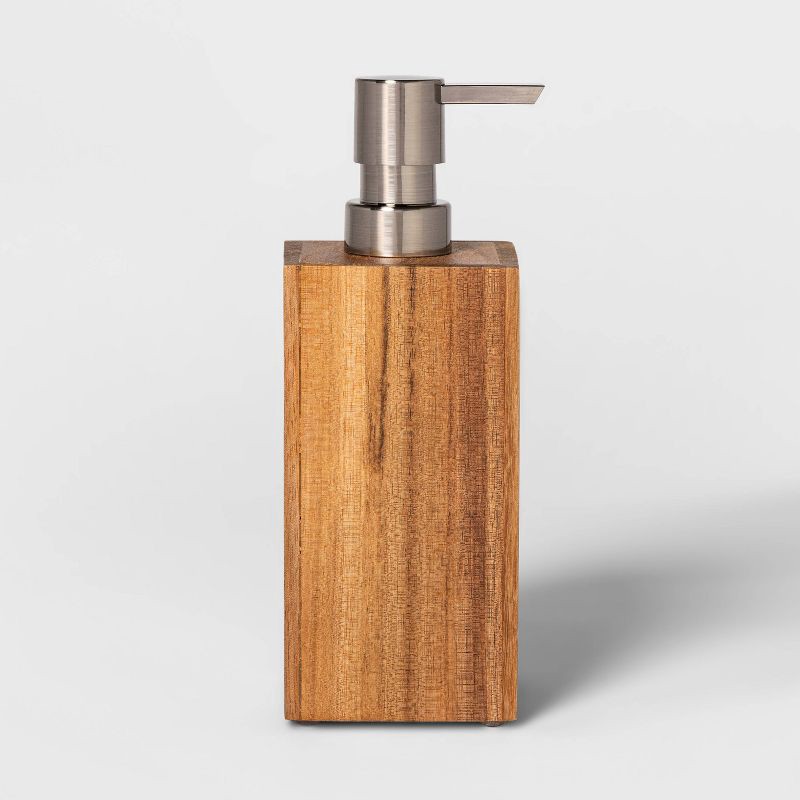 slide 1 of 4, Medium Acacia Soap Pump Natural - Threshold™: Wooden Bathroom Dispenser, Spot Clean, 270ml Capacity, 270 ml