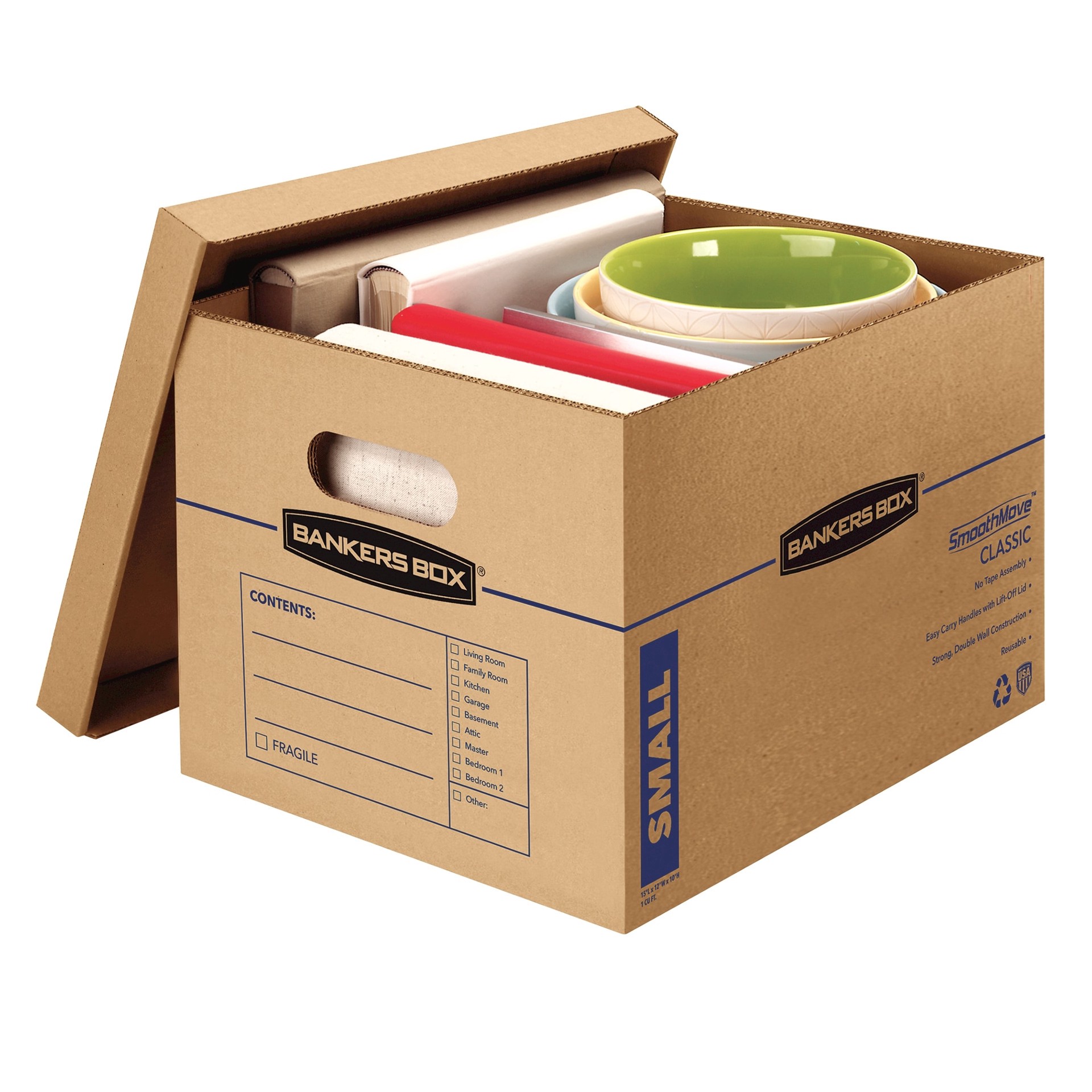 slide 3 of 6, BANKERS BOX 12-in W x 10-in H x 15-in D SmoothMove Classic 5 -Pack Small Recycled cardboard Moving Box with Handle Holes, 1 ct