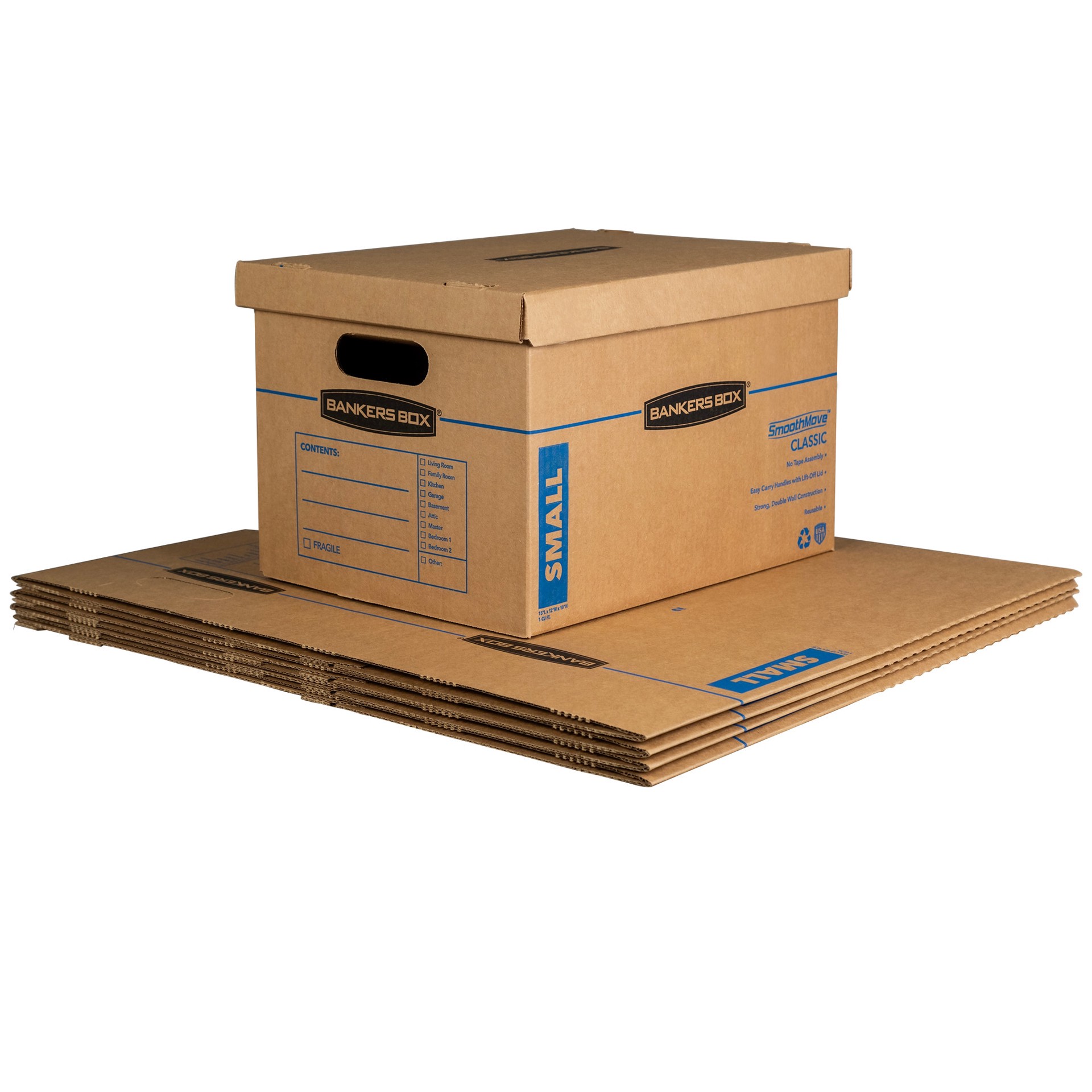 slide 1 of 6, BANKERS BOX 12-in W x 10-in H x 15-in D SmoothMove Classic 5 -Pack Small Recycled cardboard Moving Box with Handle Holes, 1 ct