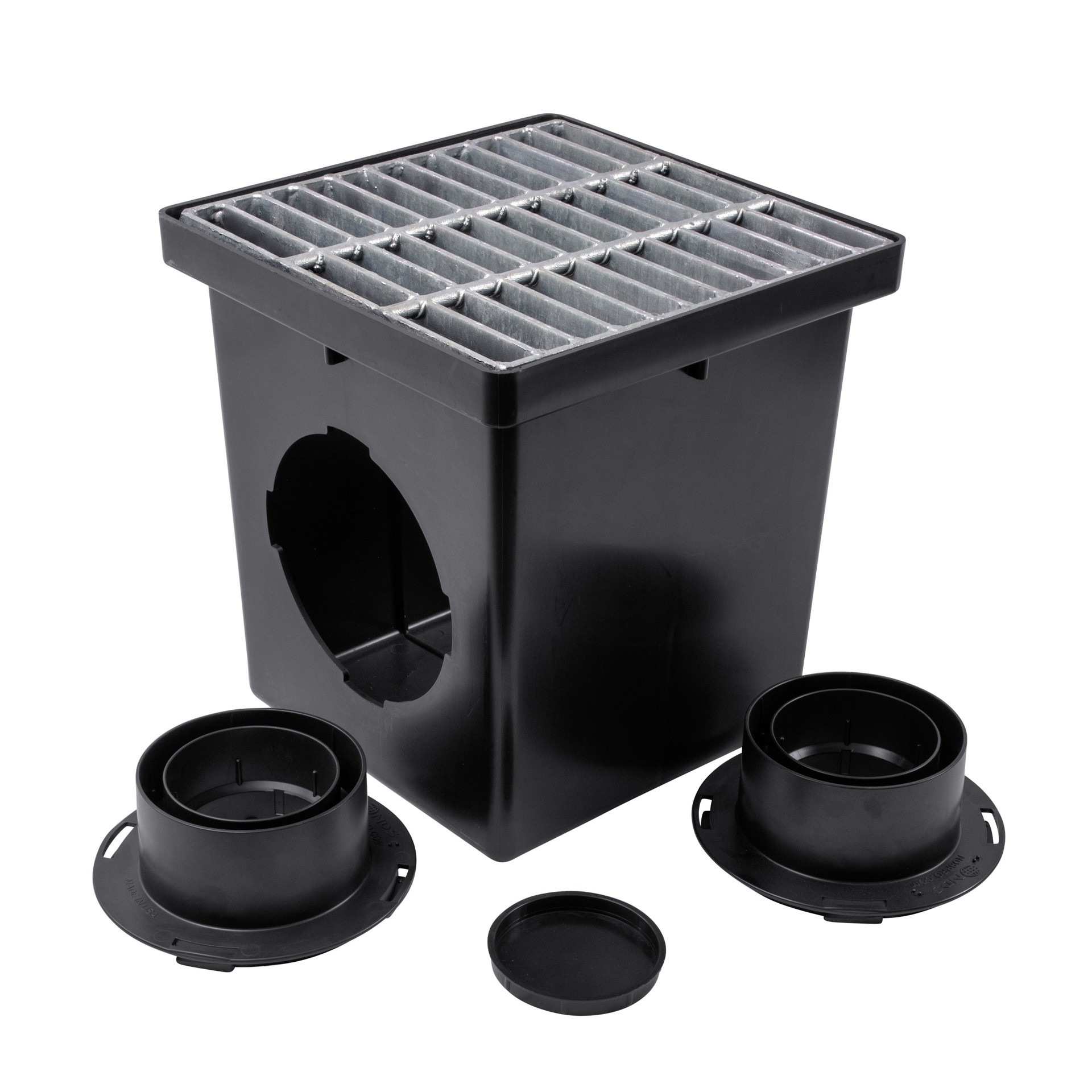 slide 2 of 6, NDS 12 in. x 12 in. Drainage Catch Basin Kit, 2 Openings, Steel Grate, 1 ct