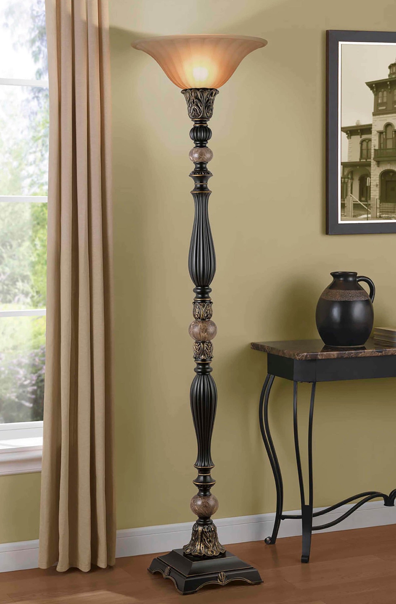 slide 2 of 6, allen + roth Barada 72-in Bronze with gold highlights Torchiere Floor Lamp with Glass Shade, 1 ct
