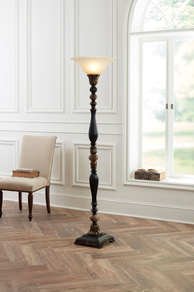 slide 4 of 6, allen + roth Barada 72-in Bronze with gold highlights Torchiere Floor Lamp with Glass Shade, 1 ct