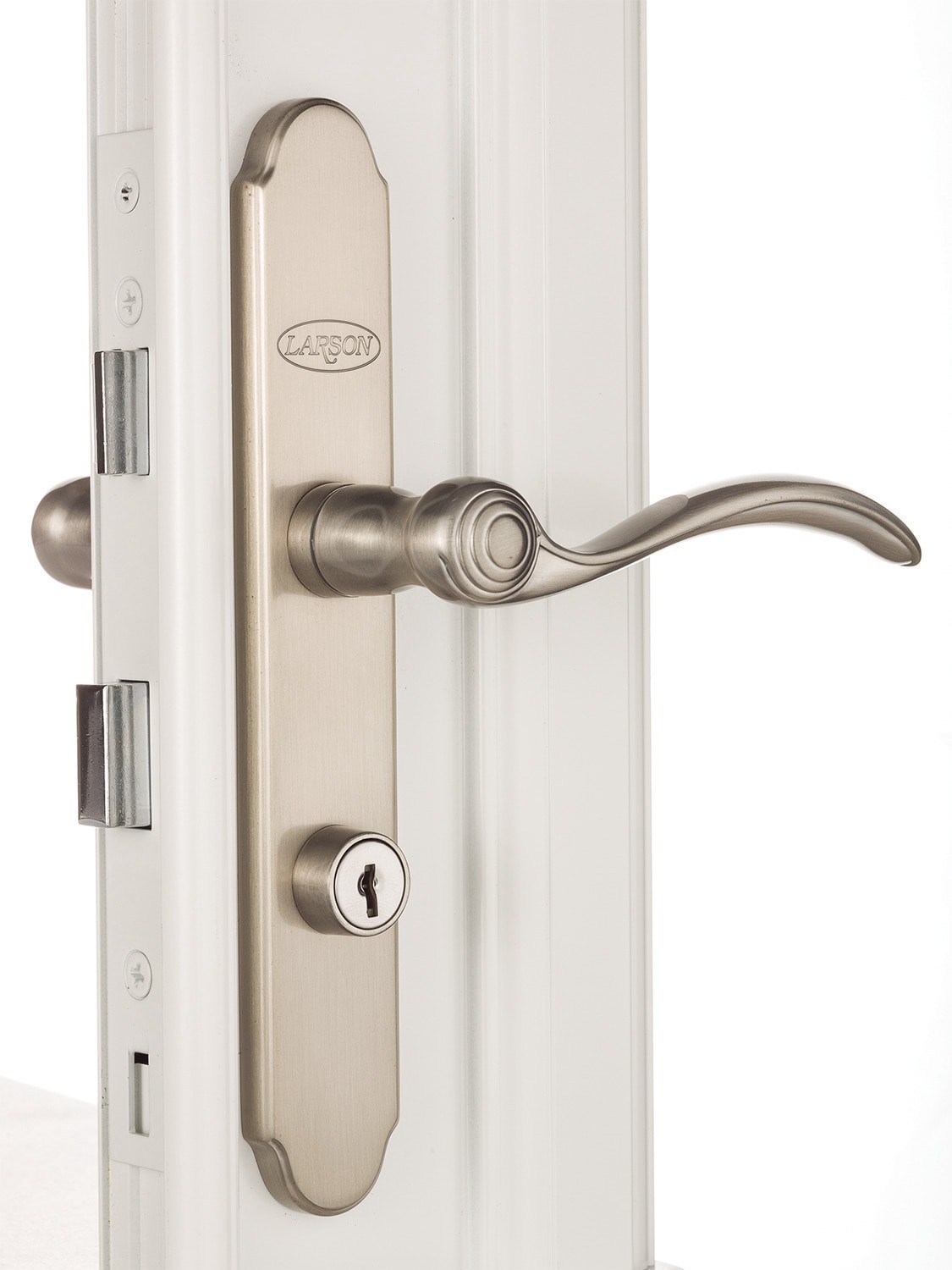 slide 3 of 5, LARSON QuickFit Brushed Nickel Lockable Storm door New installation Handleset, 1 ct