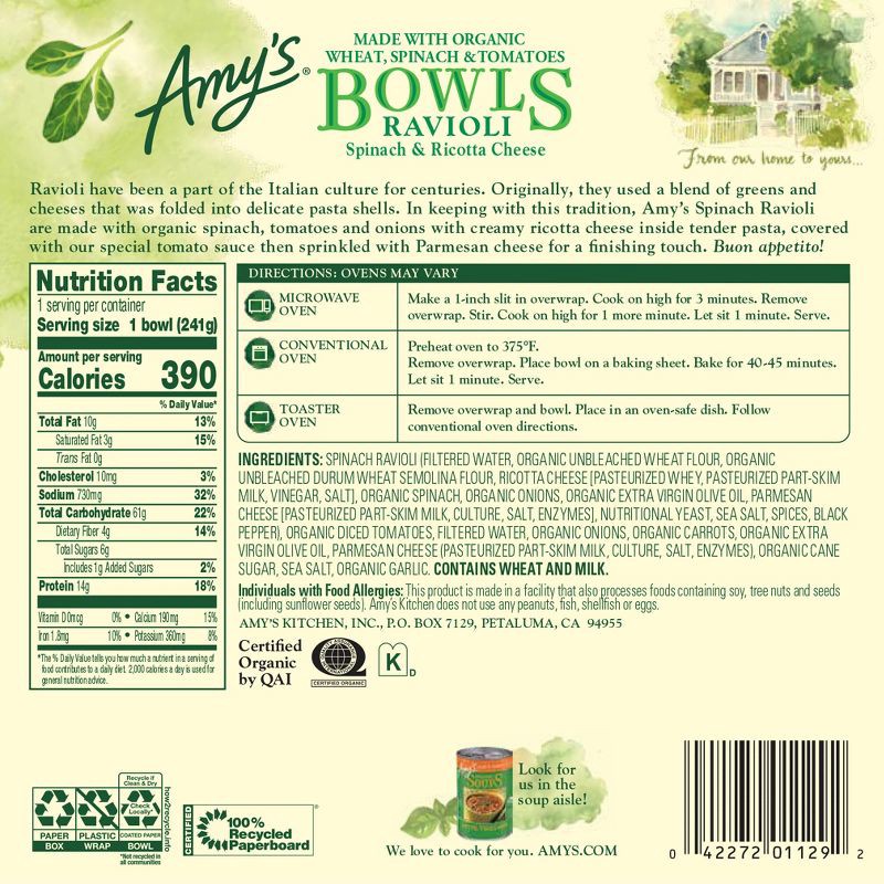 slide 3 of 5, Amy's Frozen Spinach Ravioli Bowl - 8.5oz, 8.5 oz