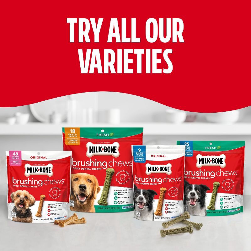 slide 5 of 10, Milk-Bone Brushing Chews Daily Chicken Dental Dog Treats, Fresh Breath, Large with Peppermint Flavor - 24.2oz/18 bones, 24.2 oz