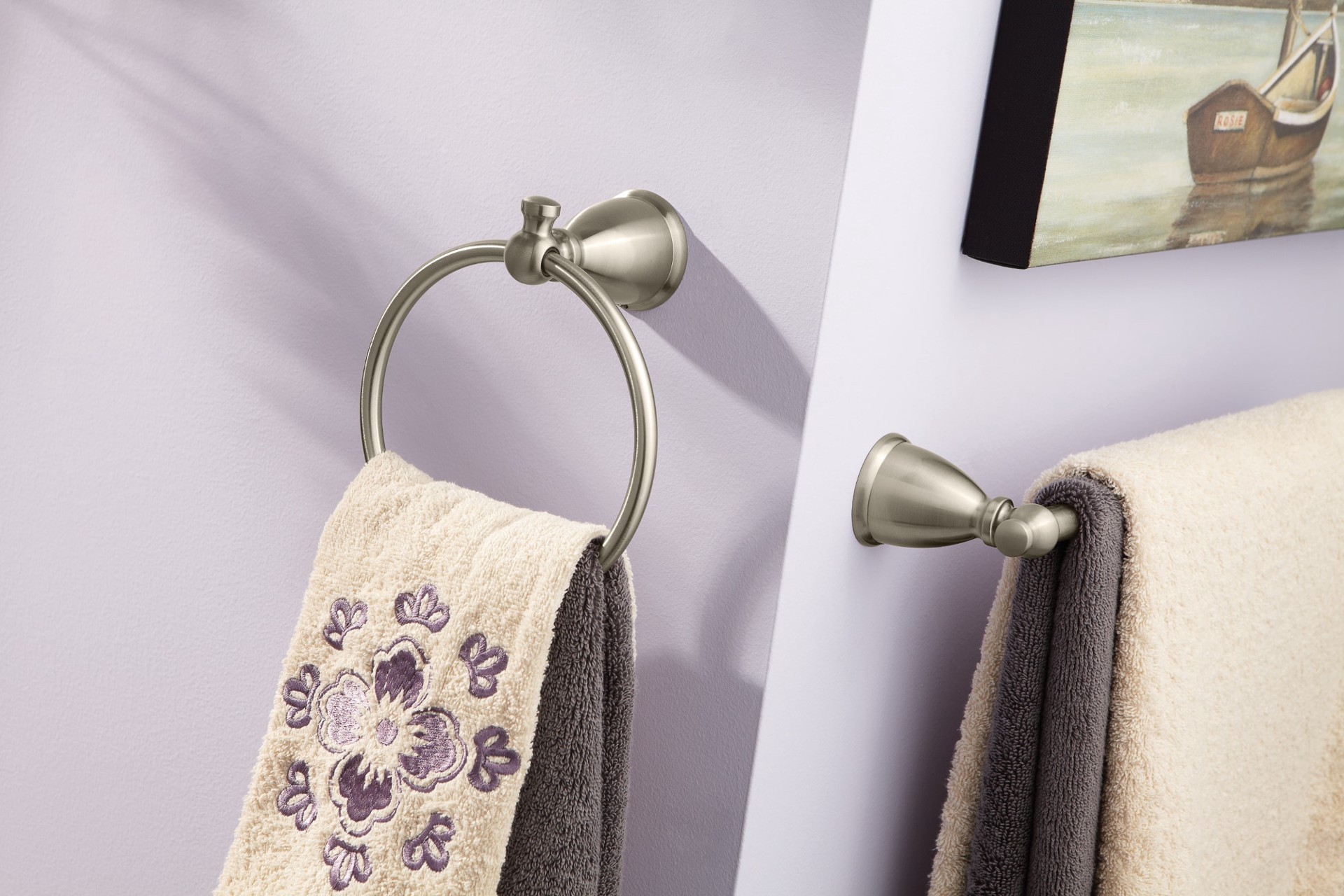 slide 6 of 6, Moen 3 -Piece Caldwell Brushed Nickel Decorative Bathroom Hardware Set Towel Bar, Toilet Paper Holder, Towel Ring Included, 1 ct