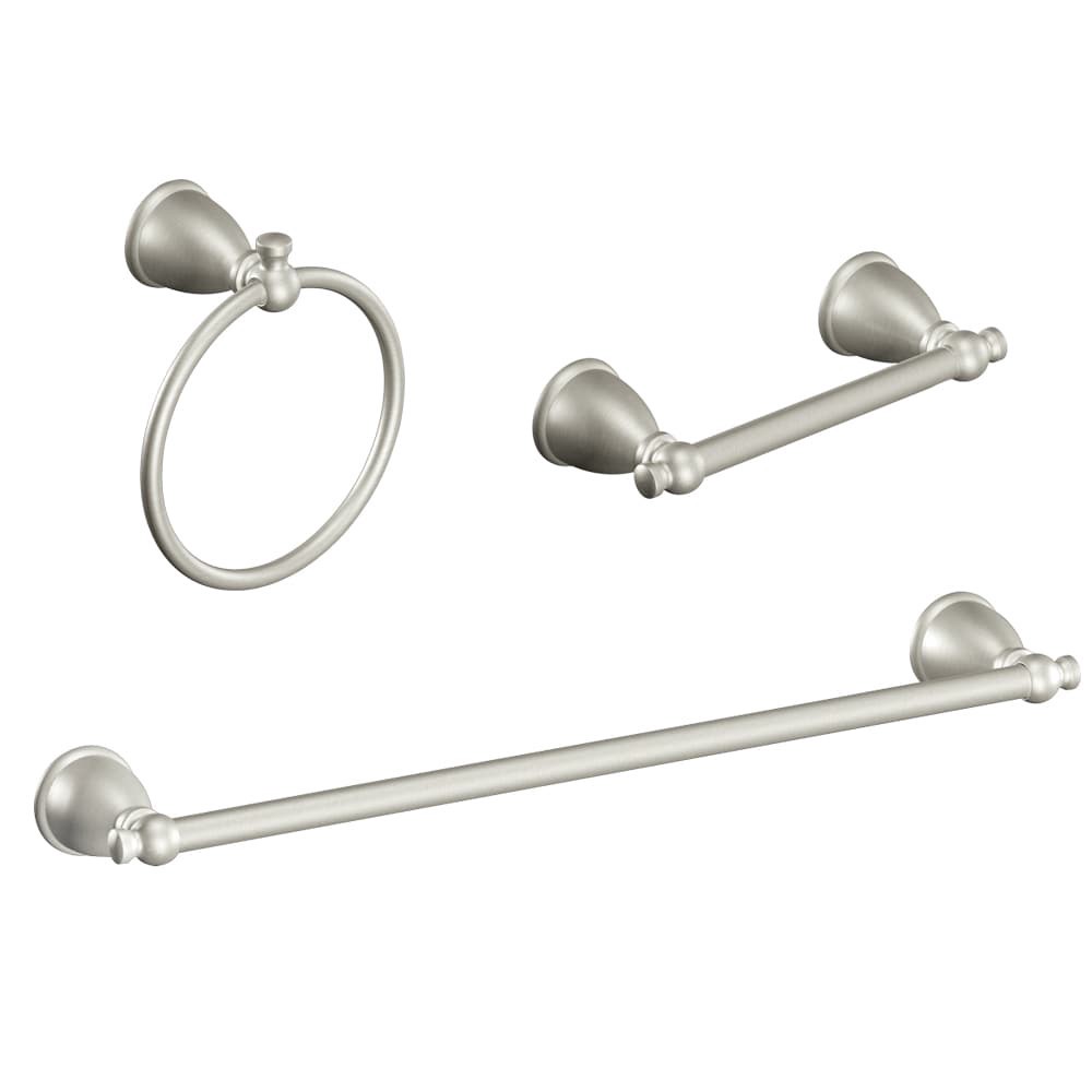 slide 1 of 6, Moen 3 -Piece Caldwell Brushed Nickel Decorative Bathroom Hardware Set Towel Bar, Toilet Paper Holder, Towel Ring Included, 1 ct