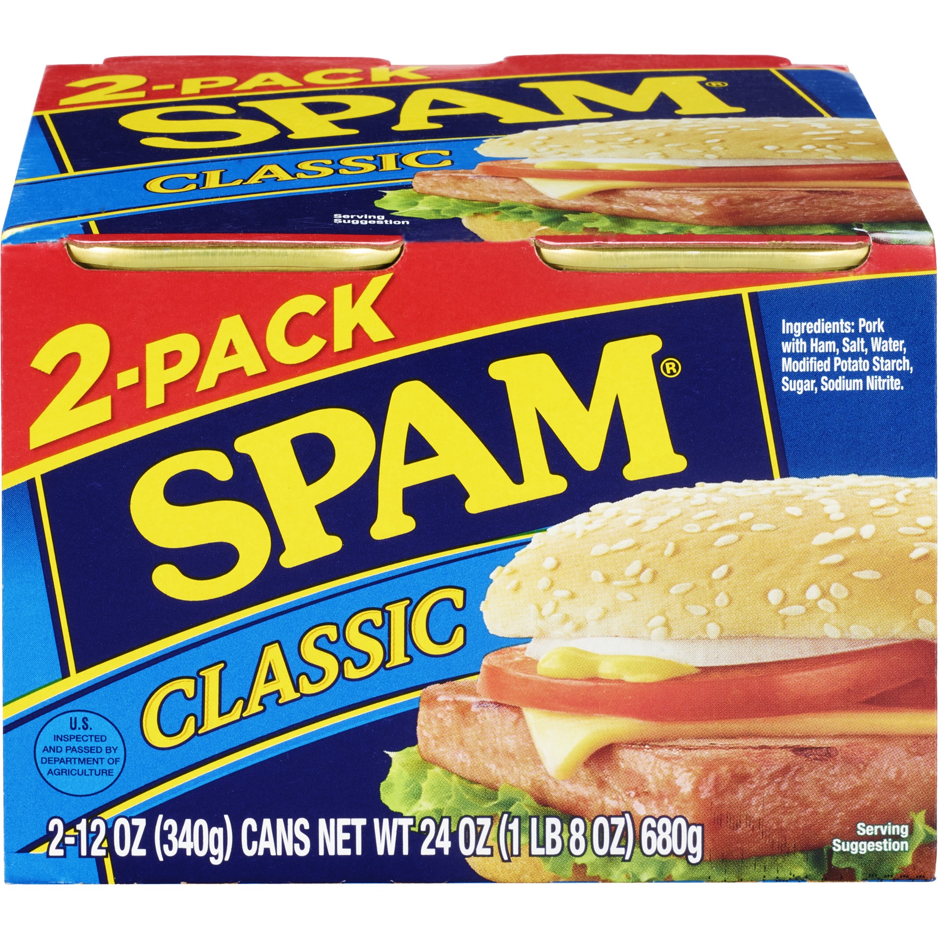 slide 1 of 11, SPAM Classic Luncheon Meat 12 Ounce Cans, 2 Pack, 24 oz