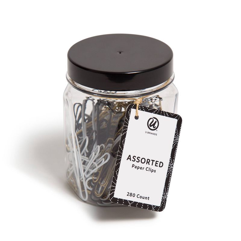 slide 1 of 5, U Brands 280ct Paper Clips in Mason Jar Black/White/Gold: Metal Office Supplies, Teacher Fasteners, Assorted Colors, 280 ct