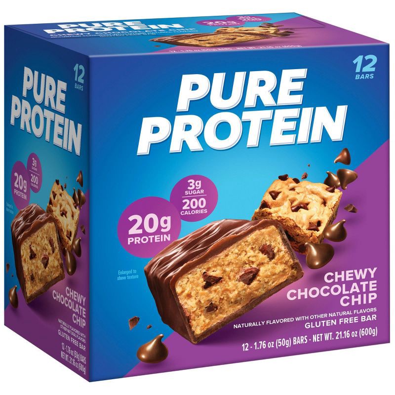 slide 4 of 6, Pure Protein Chewy Chocolate Chip Whey Protein Isolate Bars - 20g Protein - 21.16oz/12ct, 20 gram, 21.16 oz, 12 ct